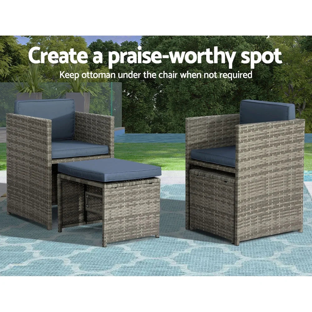 Set of eleven grey wicker dining chairs