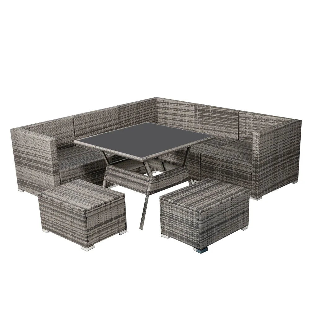 Outdoor Dining Set 8PC Wicker Table & Chairs - Grey