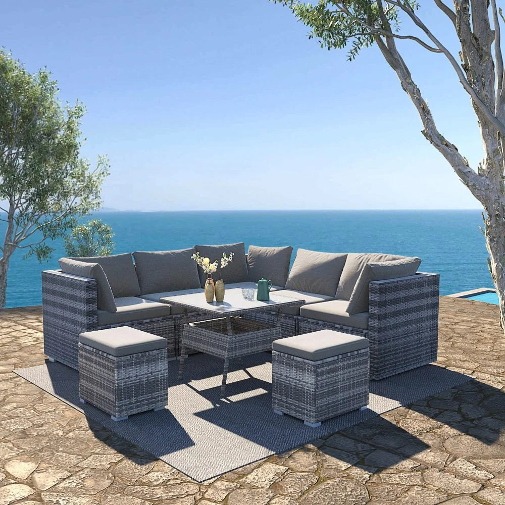 Outdoor Dining Set 8PC Wicker Table & Chairs - Grey