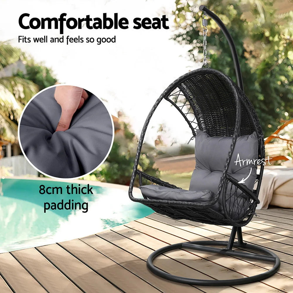 Swing chair with hanging seat and curved stand frame
