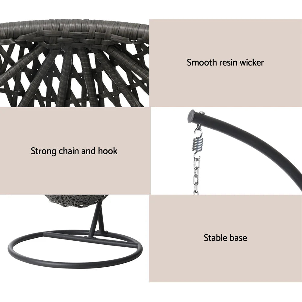 Black wicker swing chair with cushioned seat and backrest