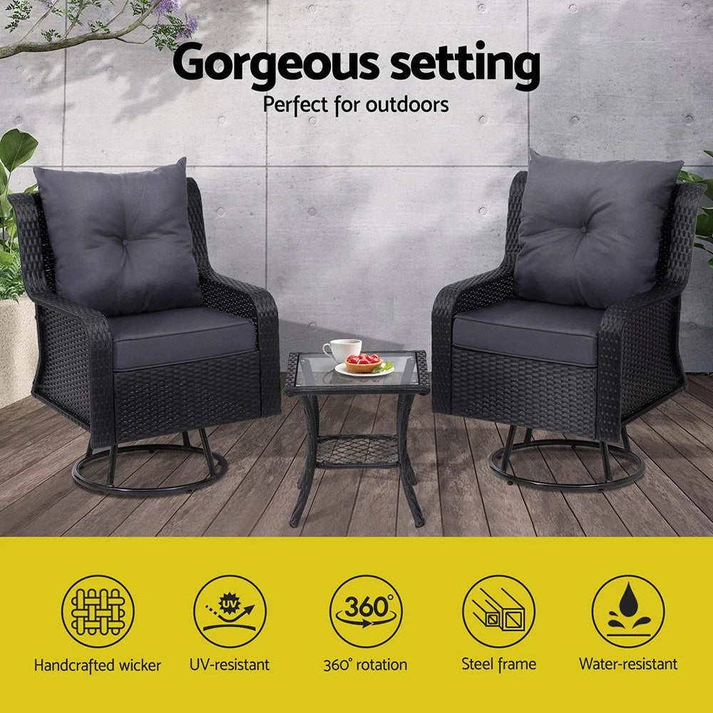 Outdoor Furniture 3PC Bistro Set Lounge Wicker Swivel