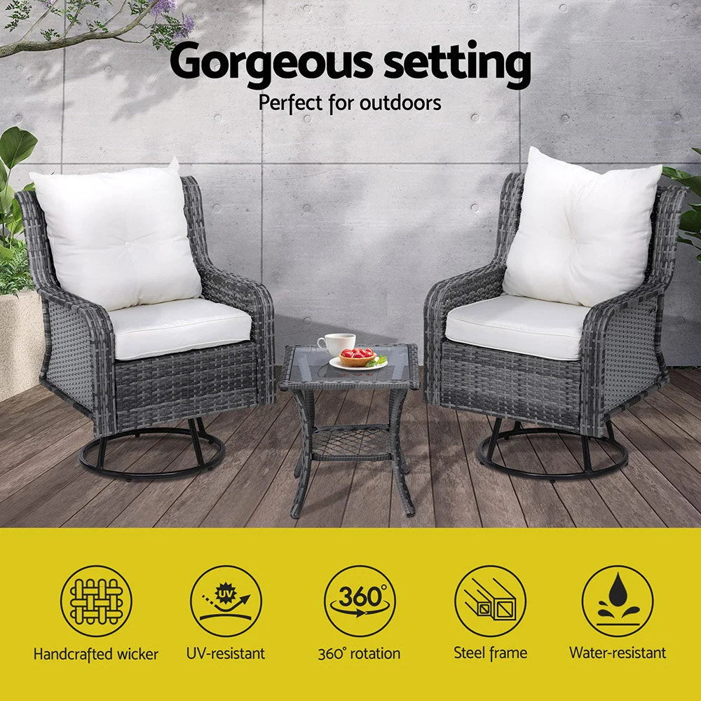 Outdoor Furniture Bistro Set 3PC Lounge Wicker Swivel