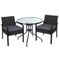 Black wicker outdoor sofa set with grey cushions and woven frame