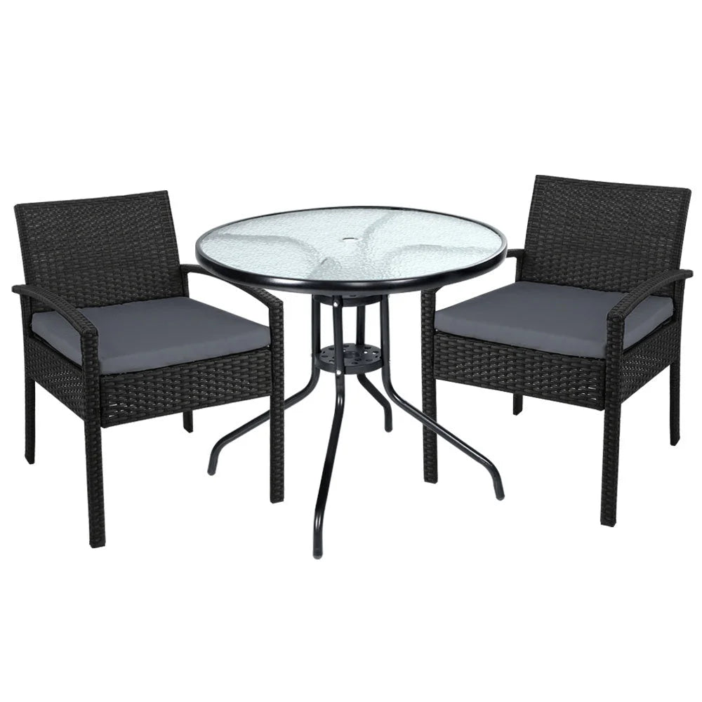 Black wicker outdoor sofa set with grey cushions and woven frame