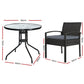 Black wicker outdoor sofa set with seat cushions and low coffee table