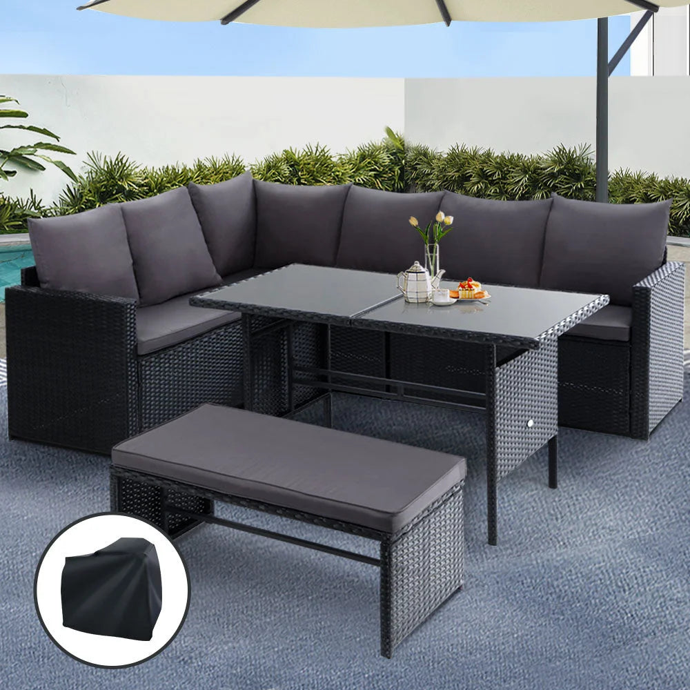 Black wicker outdoor sofa set with cover fabric and edge stitching