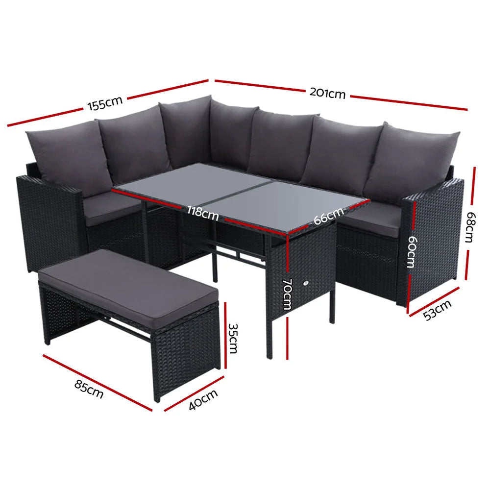 Black wicker outdoor sofa set with rattan arms and cushion set