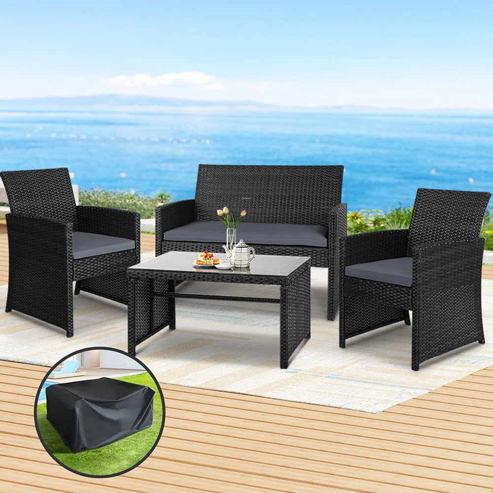 Black wicker outdoor lounge set with cover fabric and edge stitching