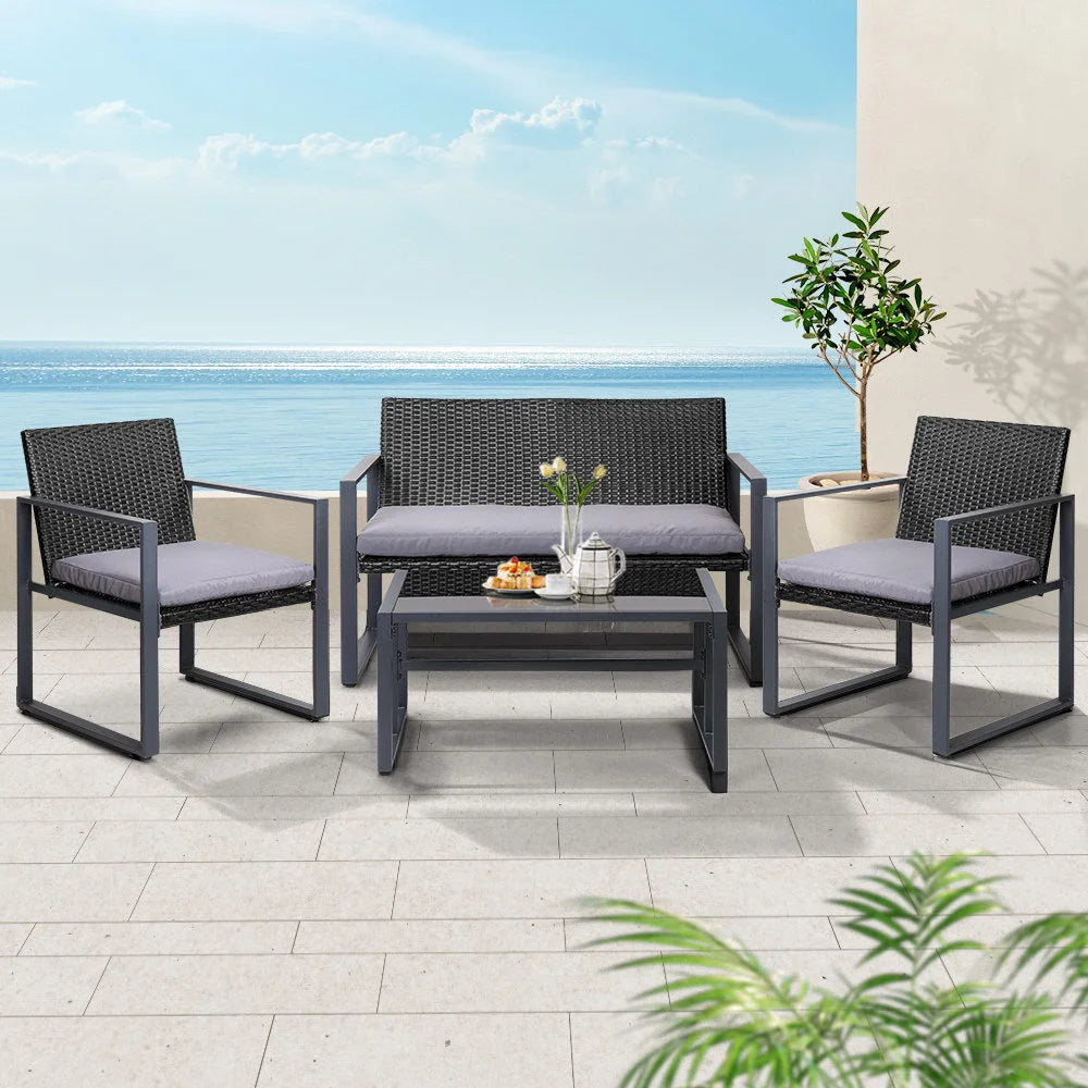 Black outdoor patio table with clean finish and fitted components