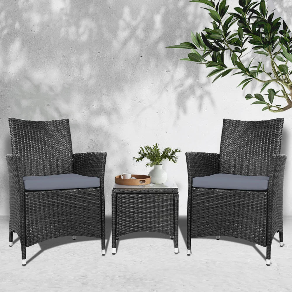 Outdoor Furniture Set 3 Piece Wicker - Black - Outdoor