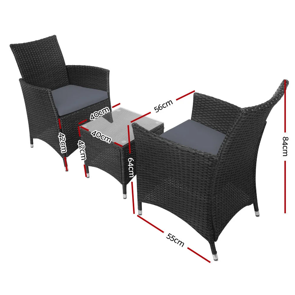 Outdoor Furniture Set 3 Piece Wicker - Black - Outdoor