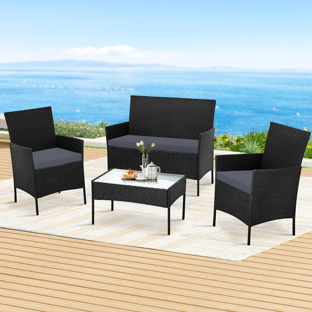 Outdoor Furniture Set (4pc) Wicker Chairs & Table Dark Grey