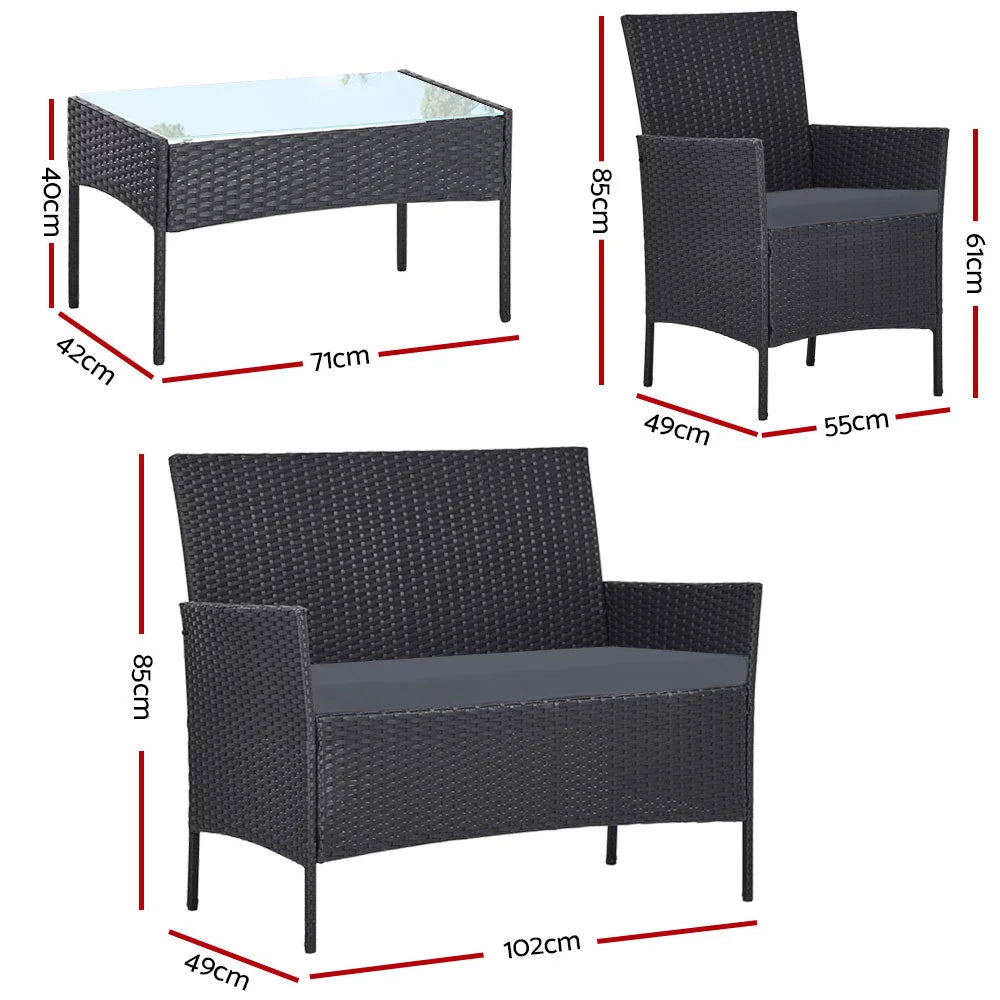 Outdoor Furniture Set (4pc) Wicker Chairs & Table Dark Grey
