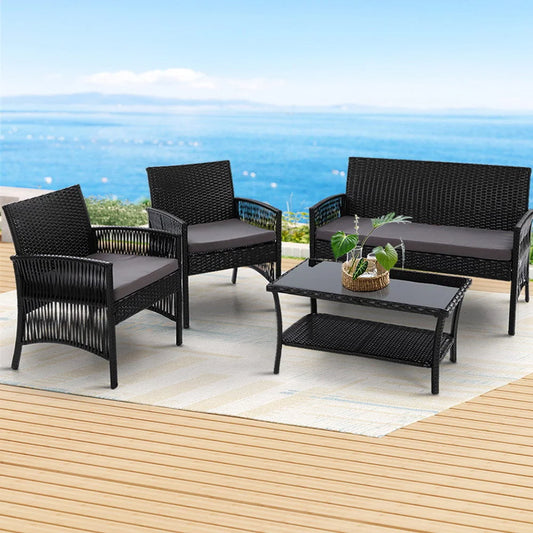 Outdoor Furniture Set 4pc Wicker Cushion Black - Garden