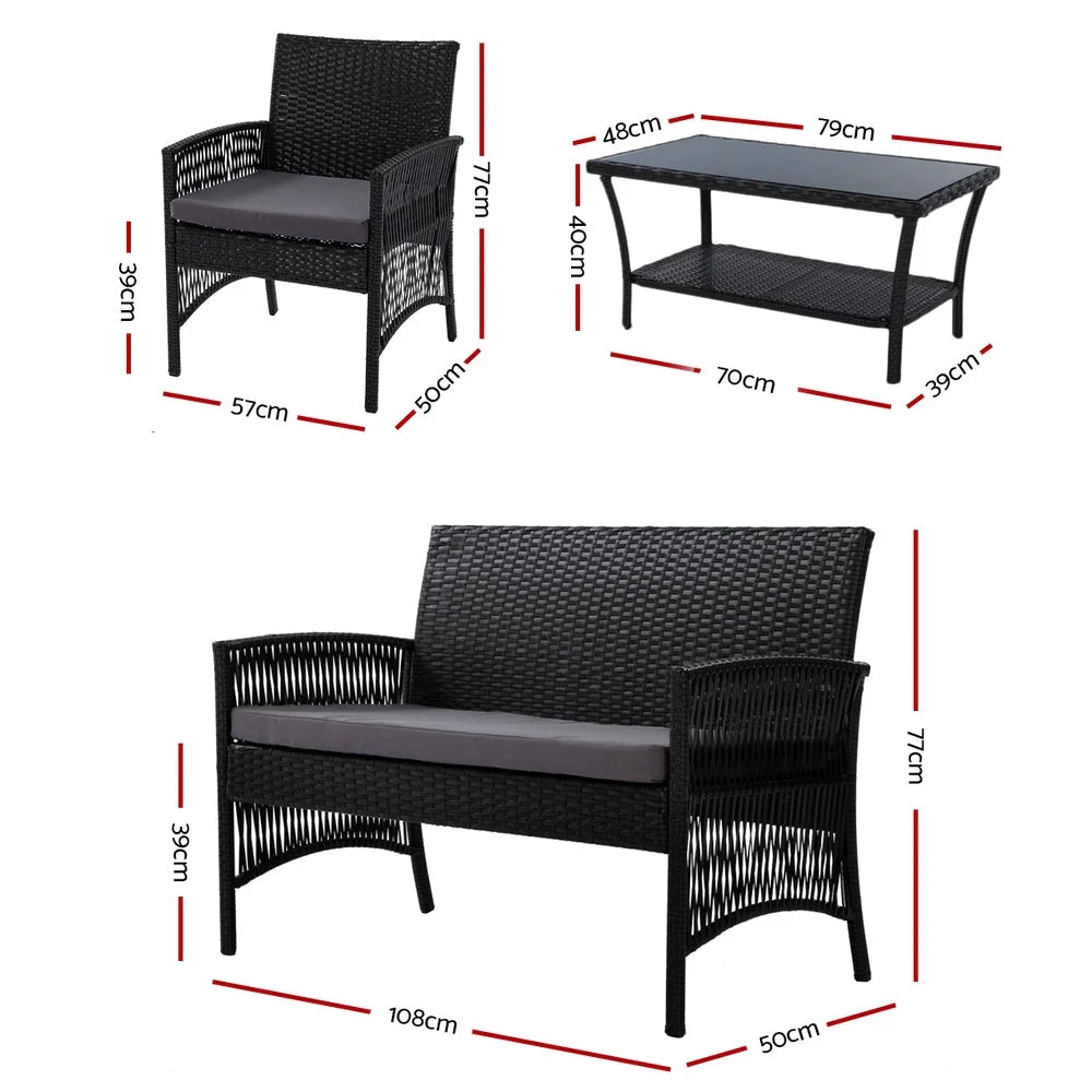 Outdoor Furniture Set 4pc Wicker Cushion Black - Garden