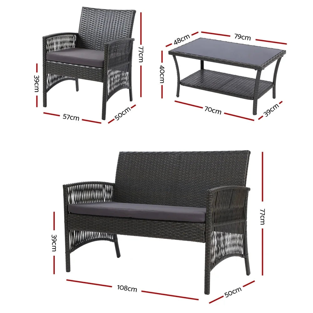 Grey Outdoor Furniture Set 4PC Wicker Cushion Dark Garden