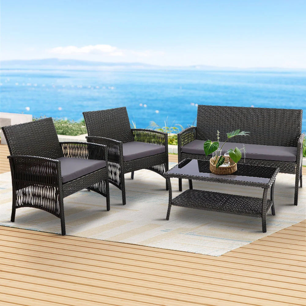 Outdoor Furniture Set 4PC Wicker Cushion Dark Grey Garden
