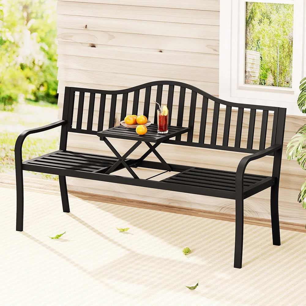 Black steel table with outdoor bench seat loveseat