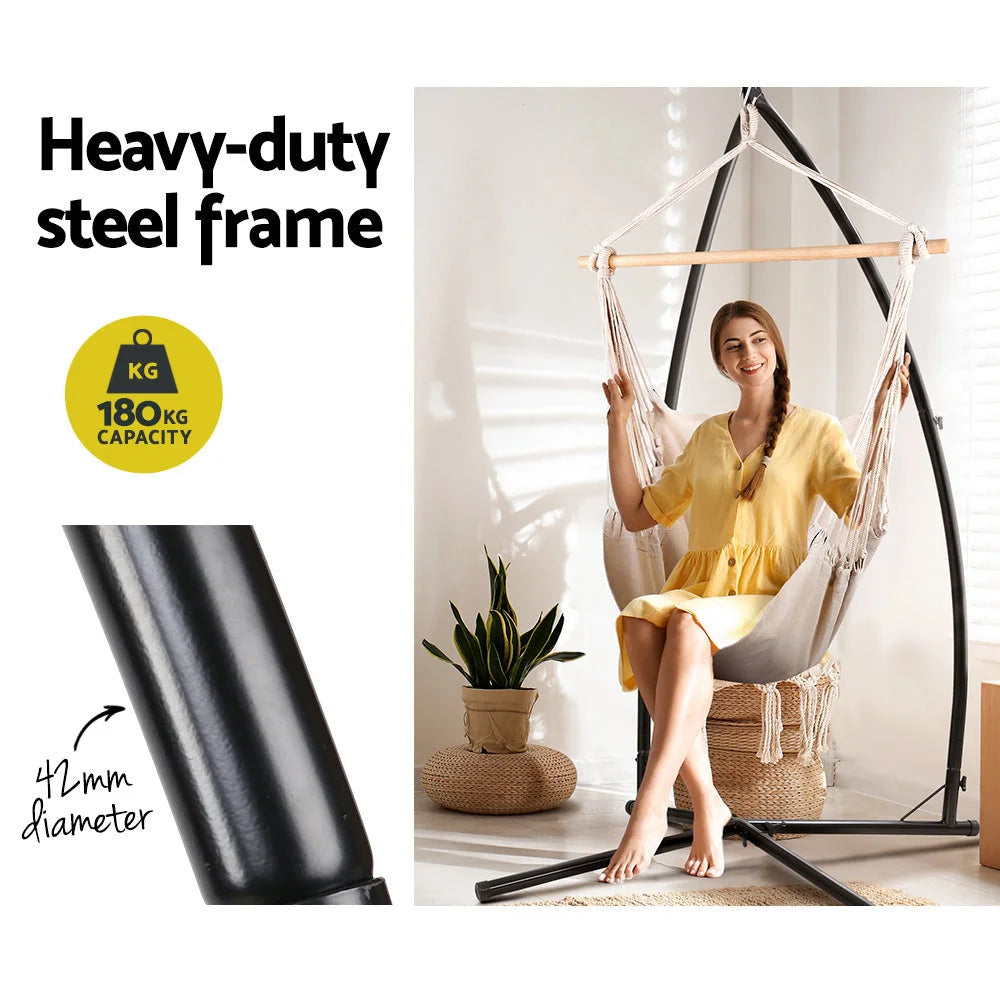 Cream steel hammock chair with mesh backrest and caster base