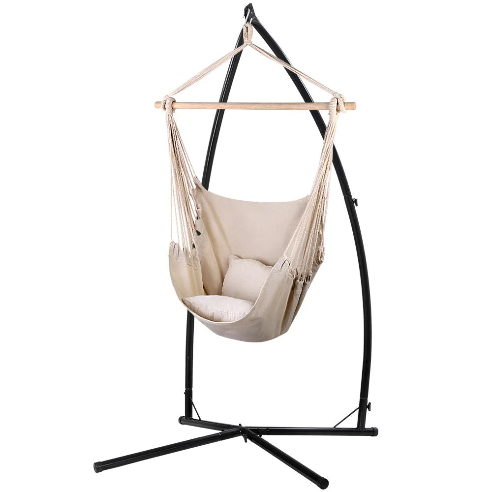 Cream steel hammock chair with hanging seat and stand supports