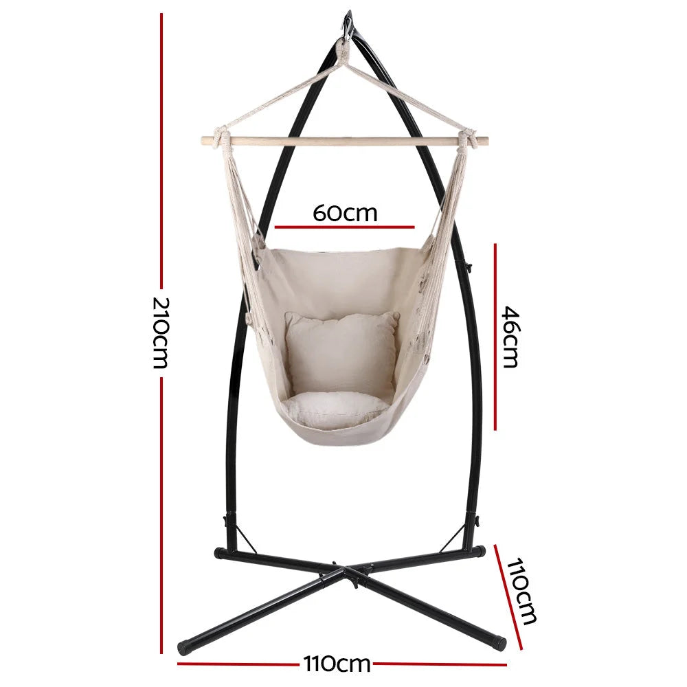 Cream steel hammock chair with upholstered seat and curved back