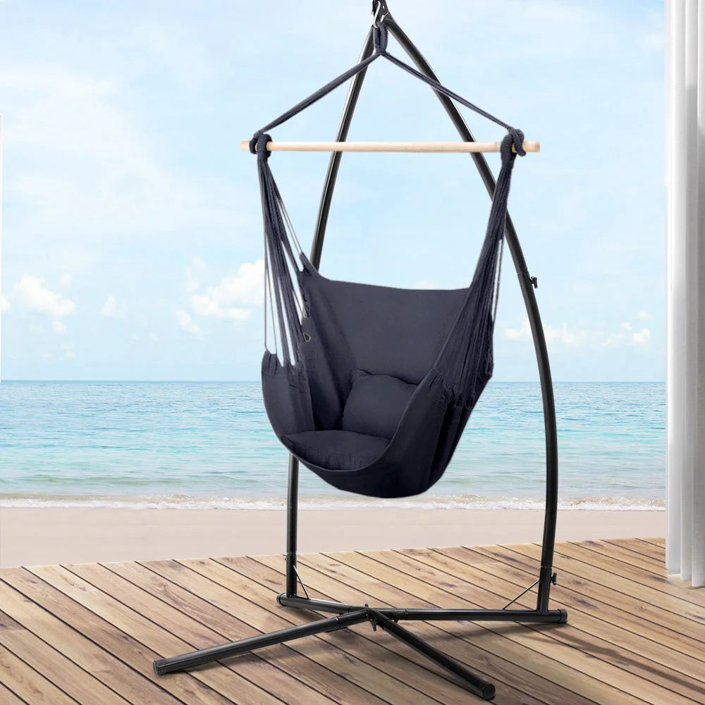 Grey steel hammock chair with cushioned seat and backrest
