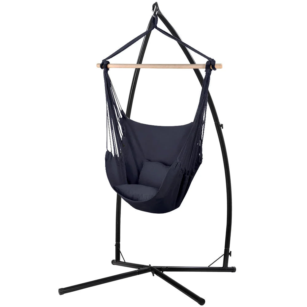 Grey steel chair with outdoor hammock stand hanging