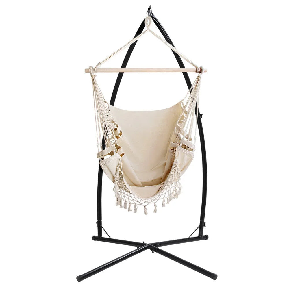 Outdoor Hammock Chair with Steel Stand - Tassel Hanging