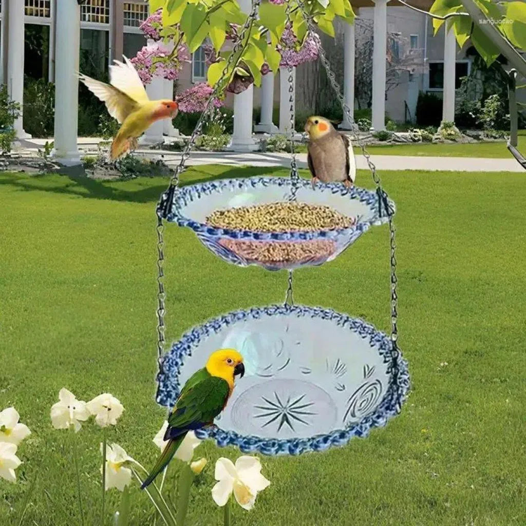 Grey outdoor hanging bird with tabletop context and item shape