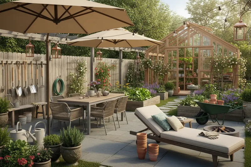 Create a image for keyword outdoor which includes everything tools furniture etc, garden which includes every gardening products like greenhouse tools etc, and patio.