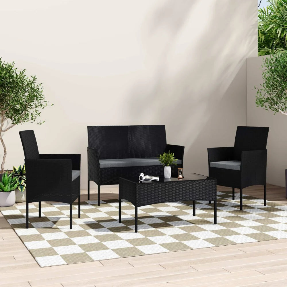 Outdoor Lounge Set 4 Seater Wicker - Black - Furniture