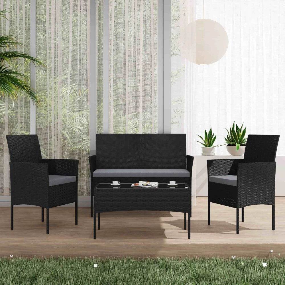 Outdoor Lounge Set 4 Seater Wicker - Black - Furniture