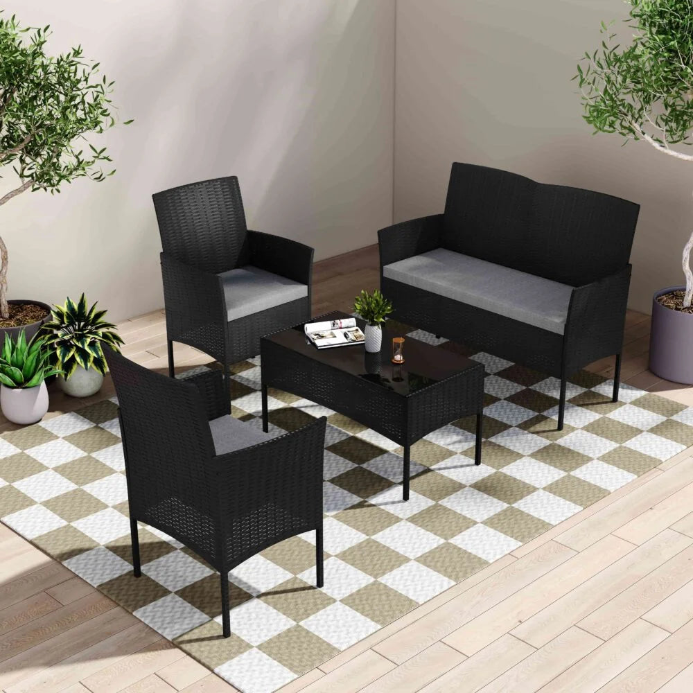 Outdoor Lounge Set 4 Seater Wicker - Black - Furniture