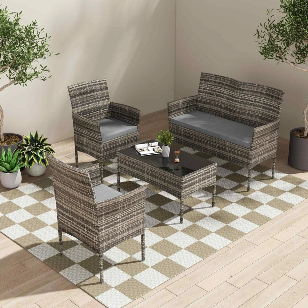 Outdoor Lounge Set 4 Seater Wicker - Mixed Grey - Furniture