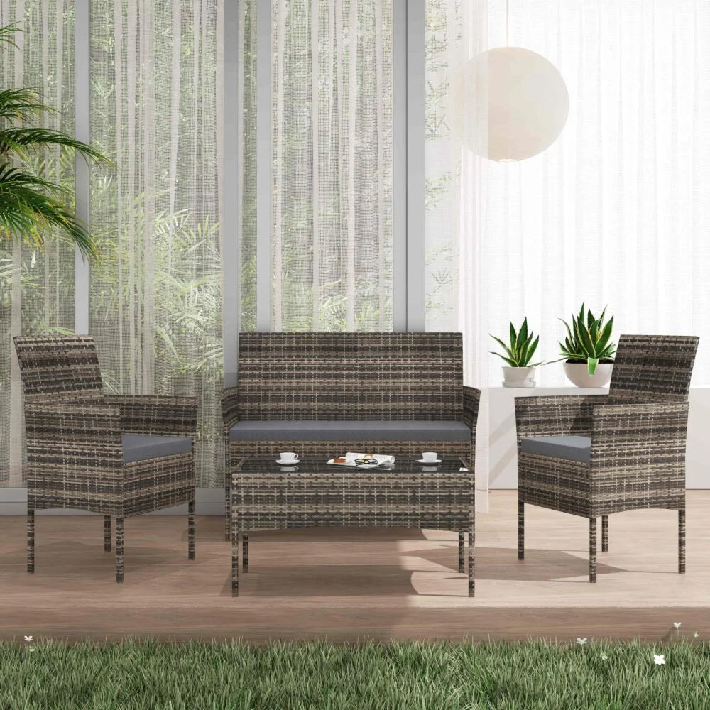 Outdoor Lounge Set 4 Seater Wicker - Mixed Grey - Furniture