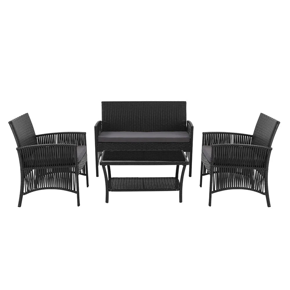 Outdoor Lounge Setting Sofa Set 4pcs Black Wicker