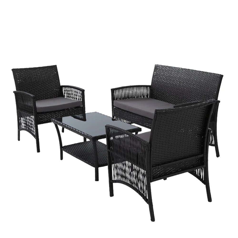 Outdoor Lounge Setting Sofa Set 4pcs Patio Wicker Cover Black