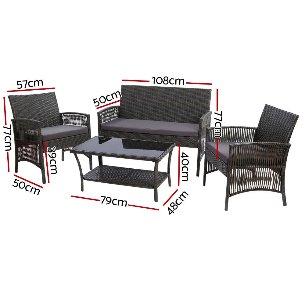 Grey Outdoor Lounge Setting Sofa Set 4PCS Patio Wicker Furniture With Cover