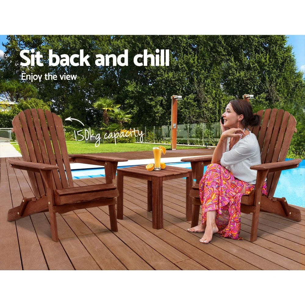 Outdoor Setting 3PC Beach Chairs Table Wooden Adirondack