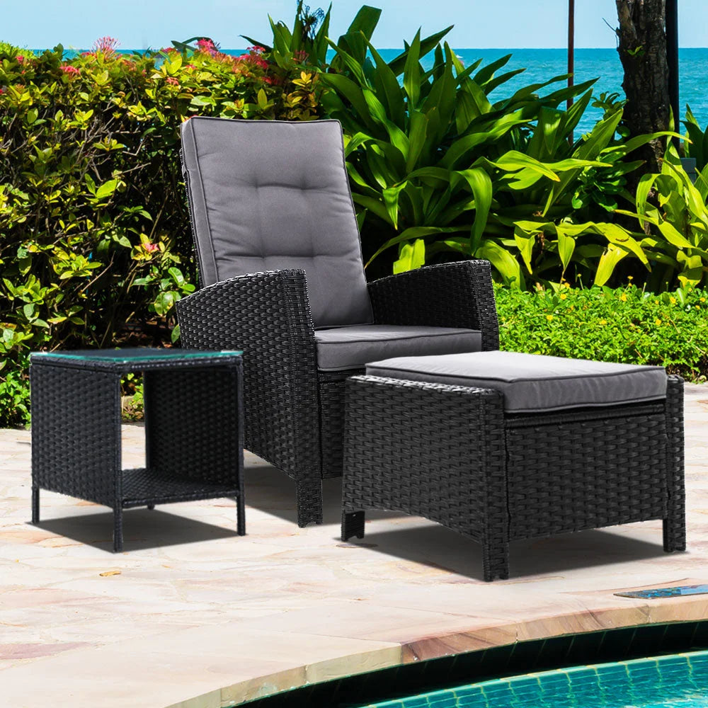 Outdoor Setting Recliner Chair Table Set Wicker Lounger