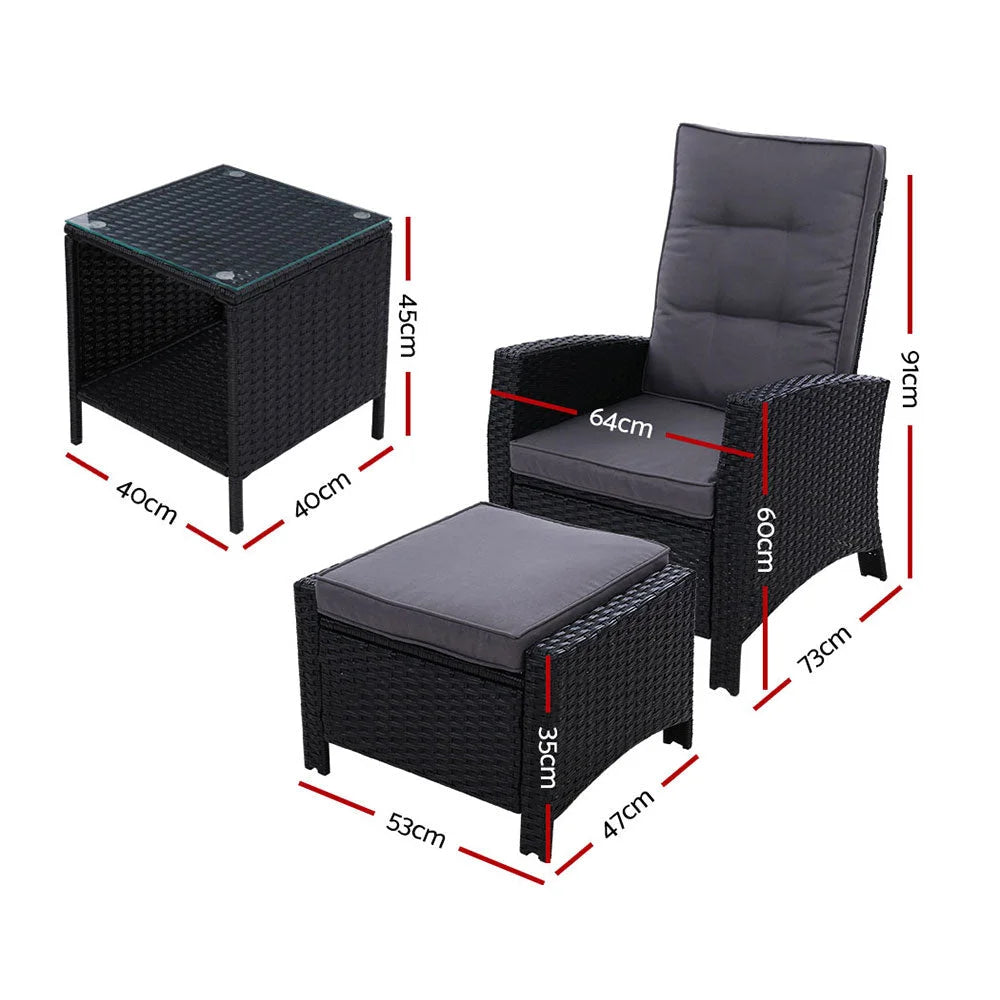 Outdoor Setting Recliner Chair Table Set Wicker Lounger