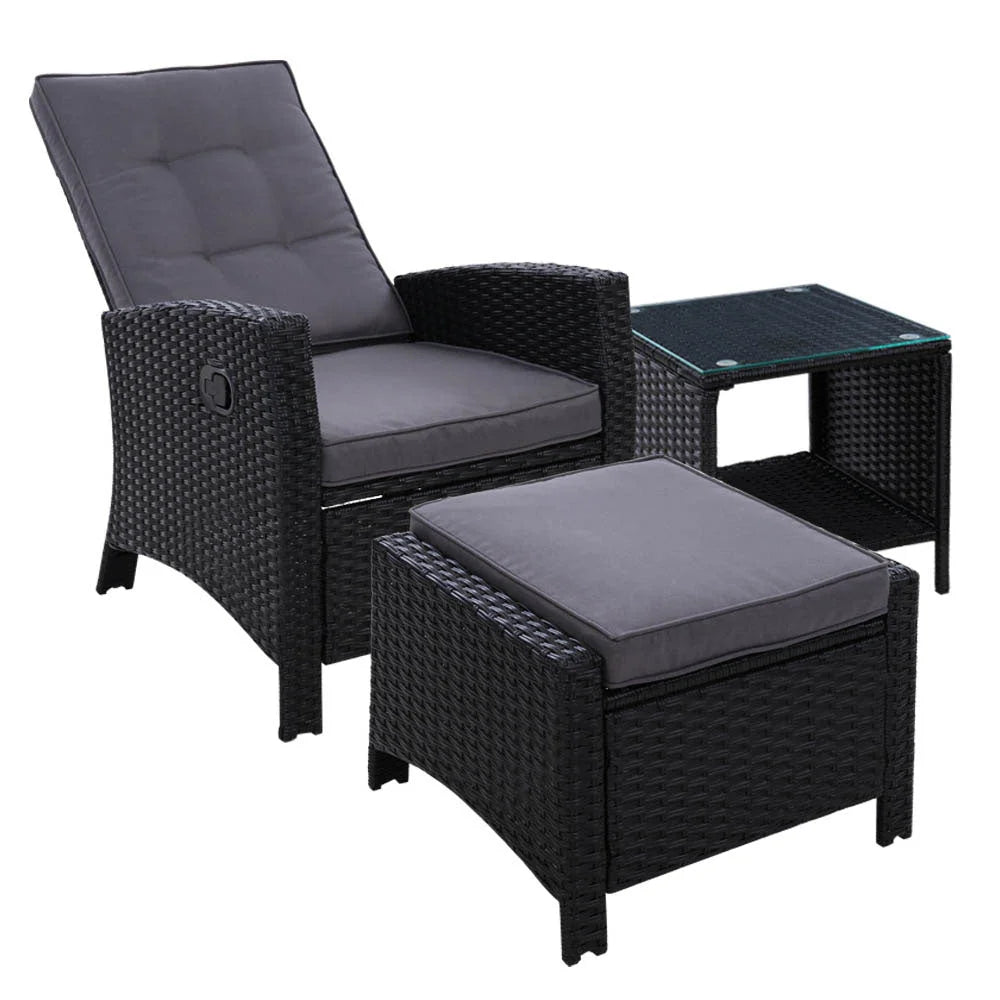 Outdoor Setting Recliner Chair Table Set Wicker Lounger