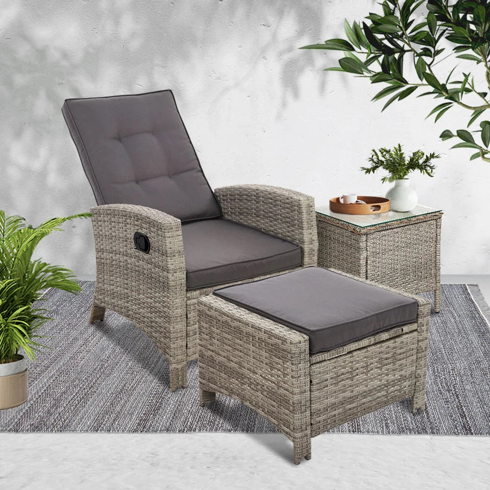 Outdoor Setting Recliner Chair Table Set Wicker Lounger