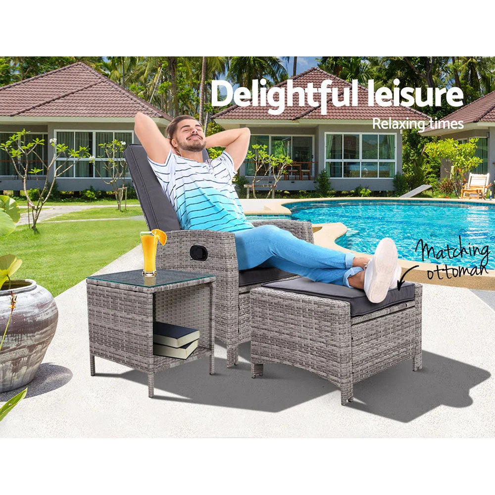 Outdoor Setting Recliner Chair Table Set Wicker Lounger