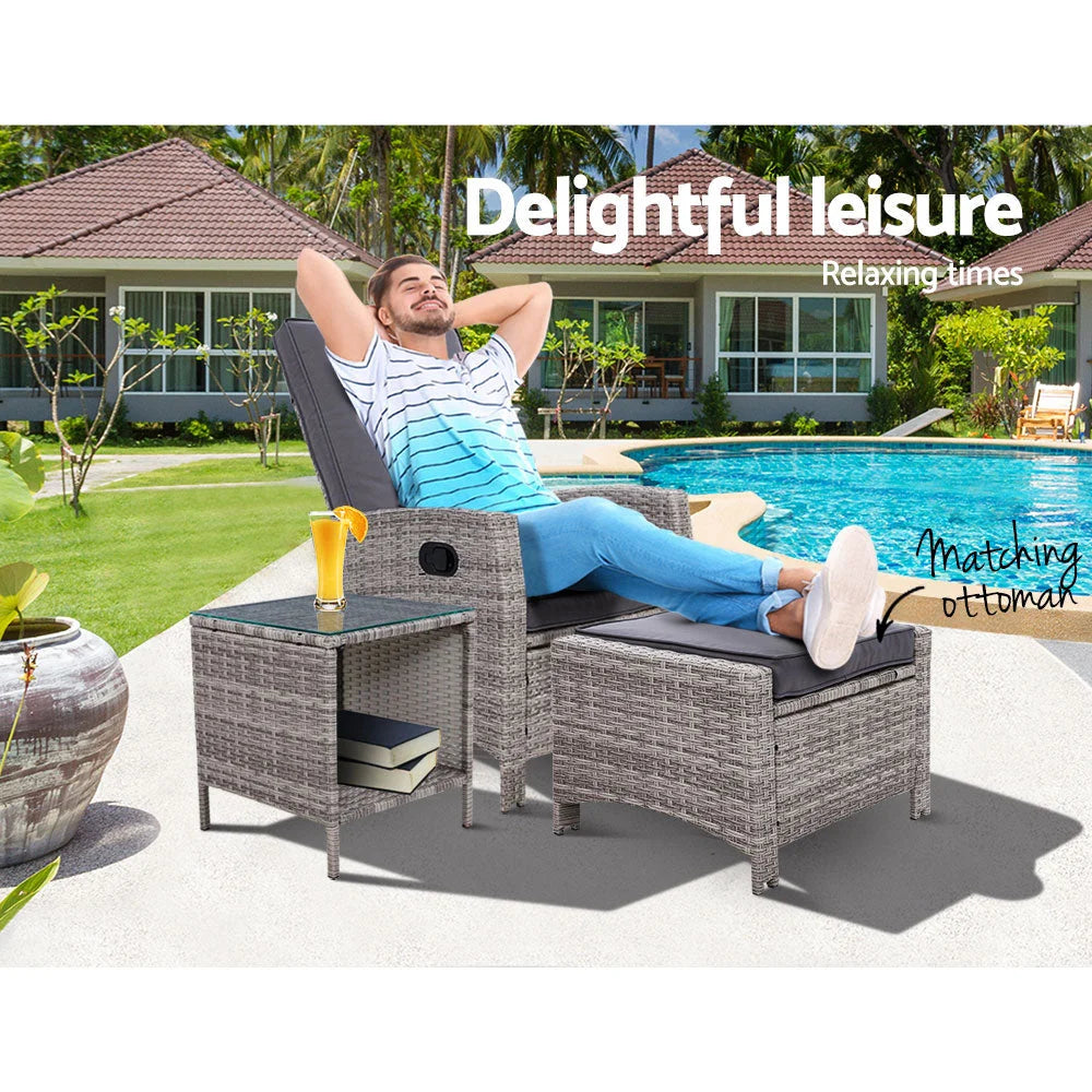 Outdoor Setting Recliner Chair Table Set Wicker Lounger