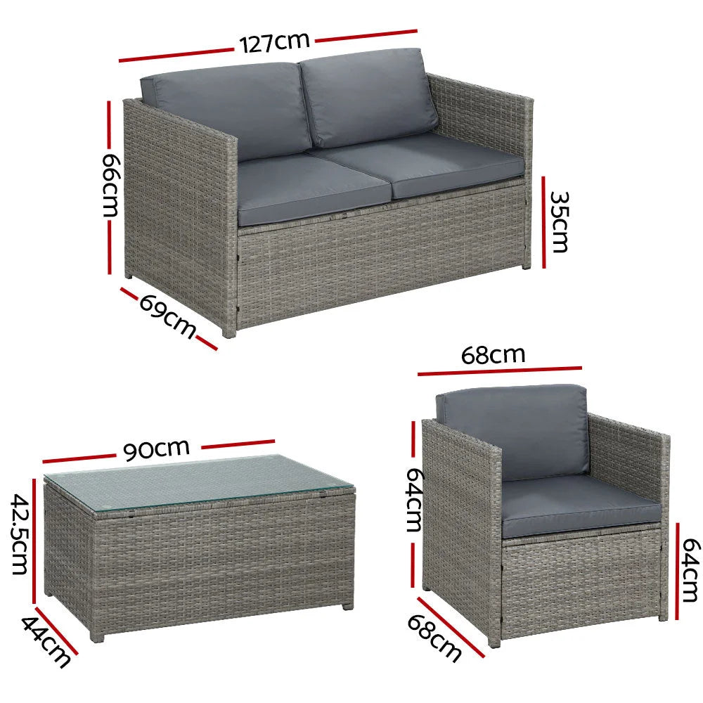 Outdoor Sofa Set 4-Piece Wicker Couch Lounge Setting - Grey