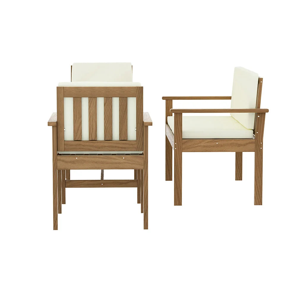 Wooden outdoor sofa set with woven seating and matching table
