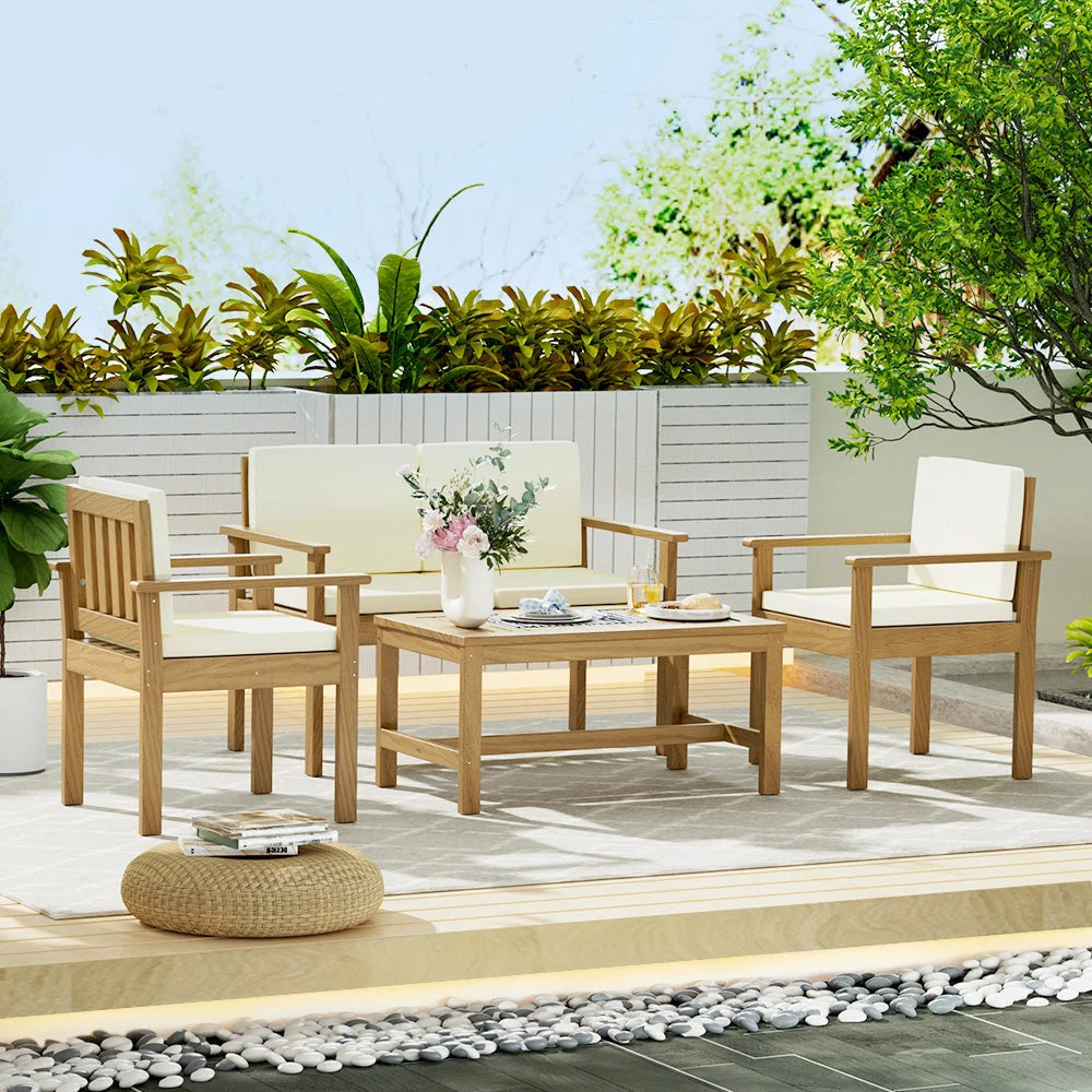 Wooden outdoor sofa set with rattan arms and cushion set