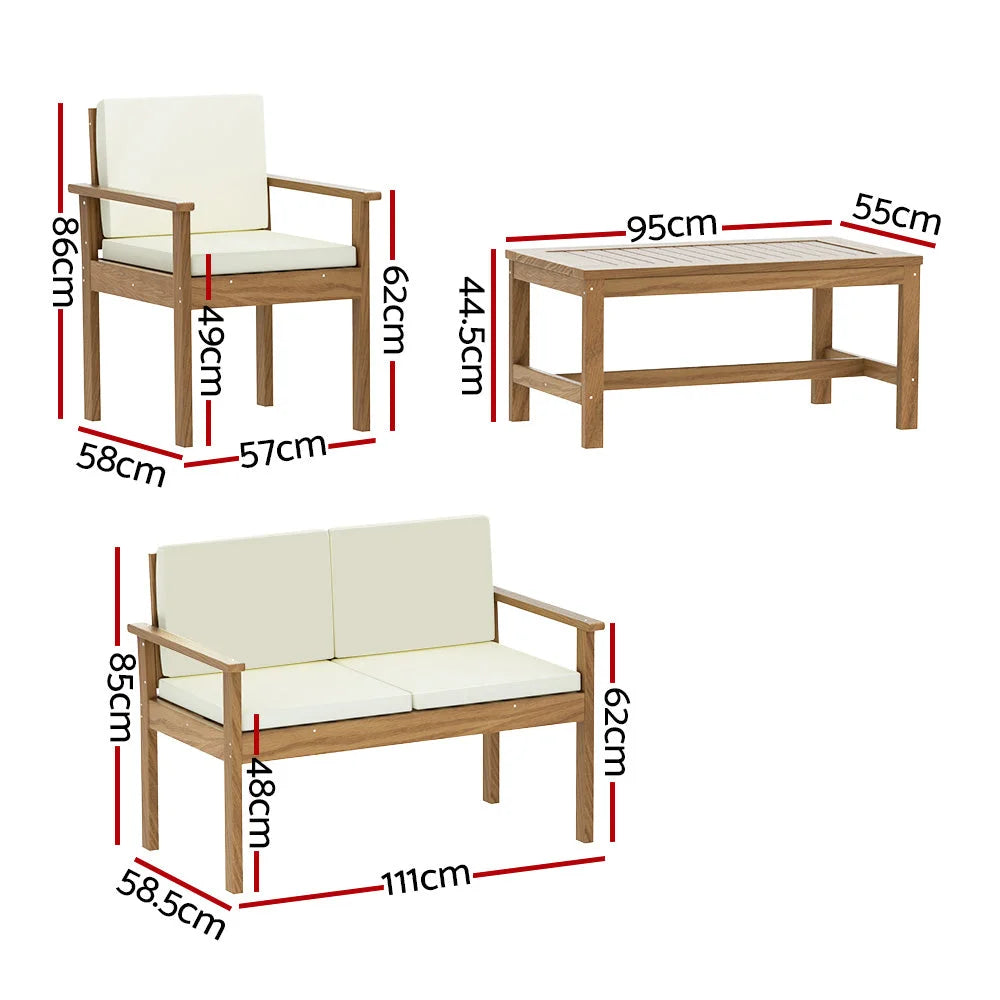 Wooden outdoor sofa set with corner chair and low table pieces